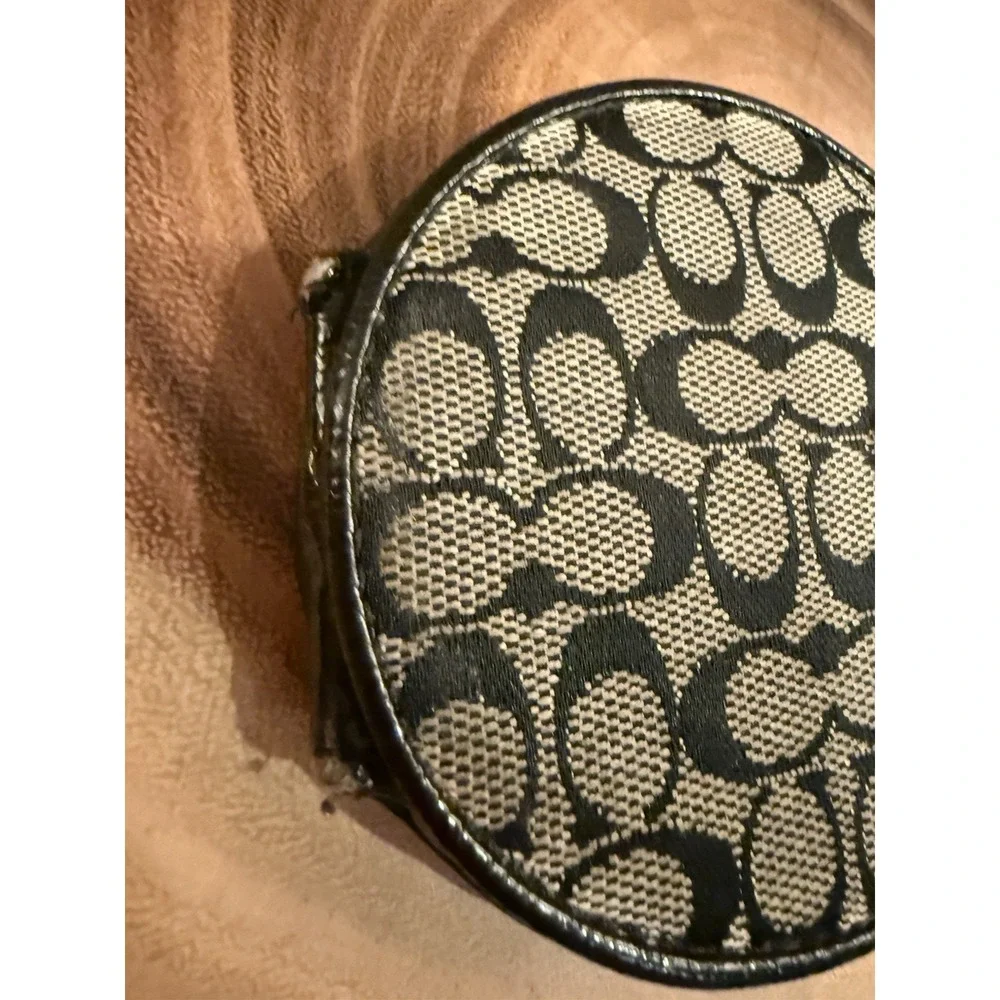 Vintage Coach Round Monogram Black Canvas Compact Double Folding Mirror Rare